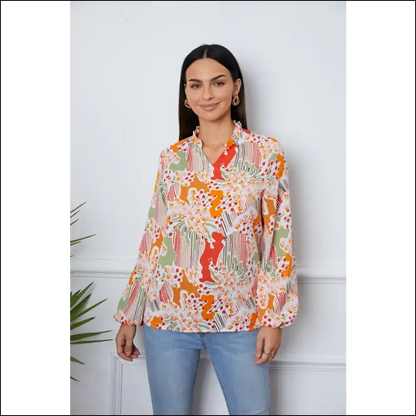 Floral Frill Notched Long Sleeve Blouse - Multicolor / s - Blouses on Sale Worldwide Shipping