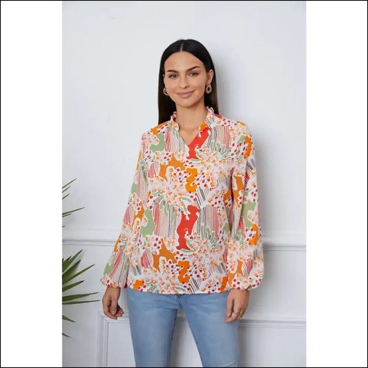 Floral Frill Notched Long Sleeve Blouse - Multicolor / s - Blouses on Sale Worldwide Shipping