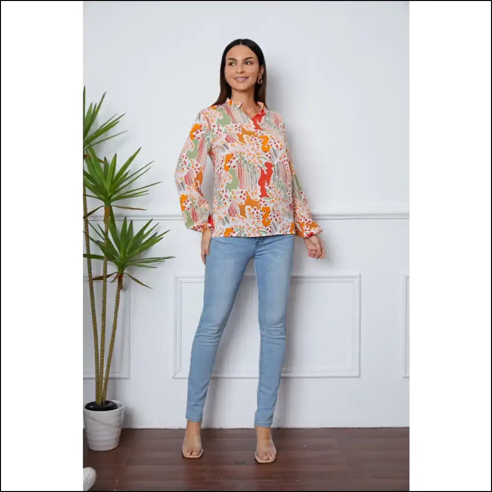 Floral Frill Notched Long Sleeve Blouse - Blouses on Sale Worldwide Shipping