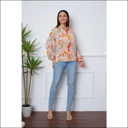 Floral Frill Notched Long Sleeve Blouse - Blouses on Sale Worldwide Shipping