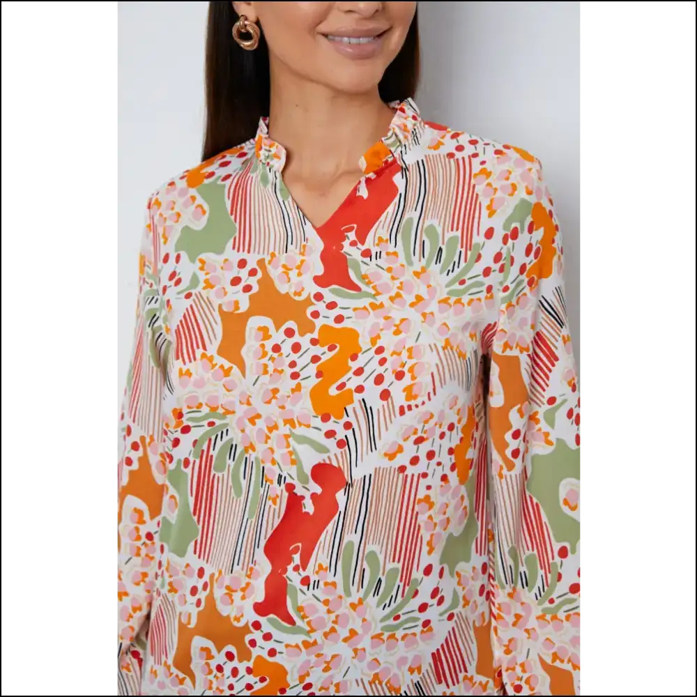 Floral Frill Notched Long Sleeve Blouse - Blouses on Sale Worldwide Shipping
