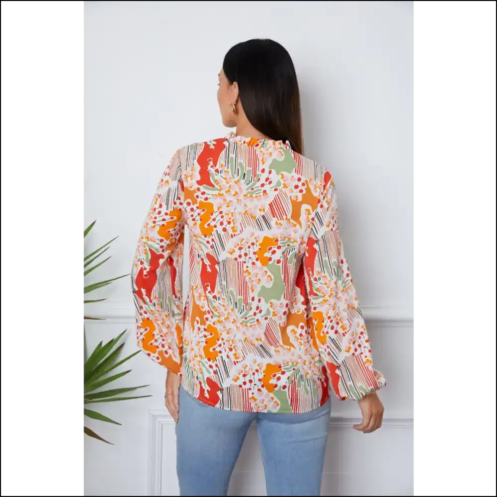 Floral Frill Notched Long Sleeve Blouse - Blouses on Sale Worldwide Shipping