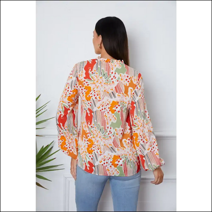 Floral Frill Notched Long Sleeve Blouse - Blouses on Sale Worldwide Shipping
