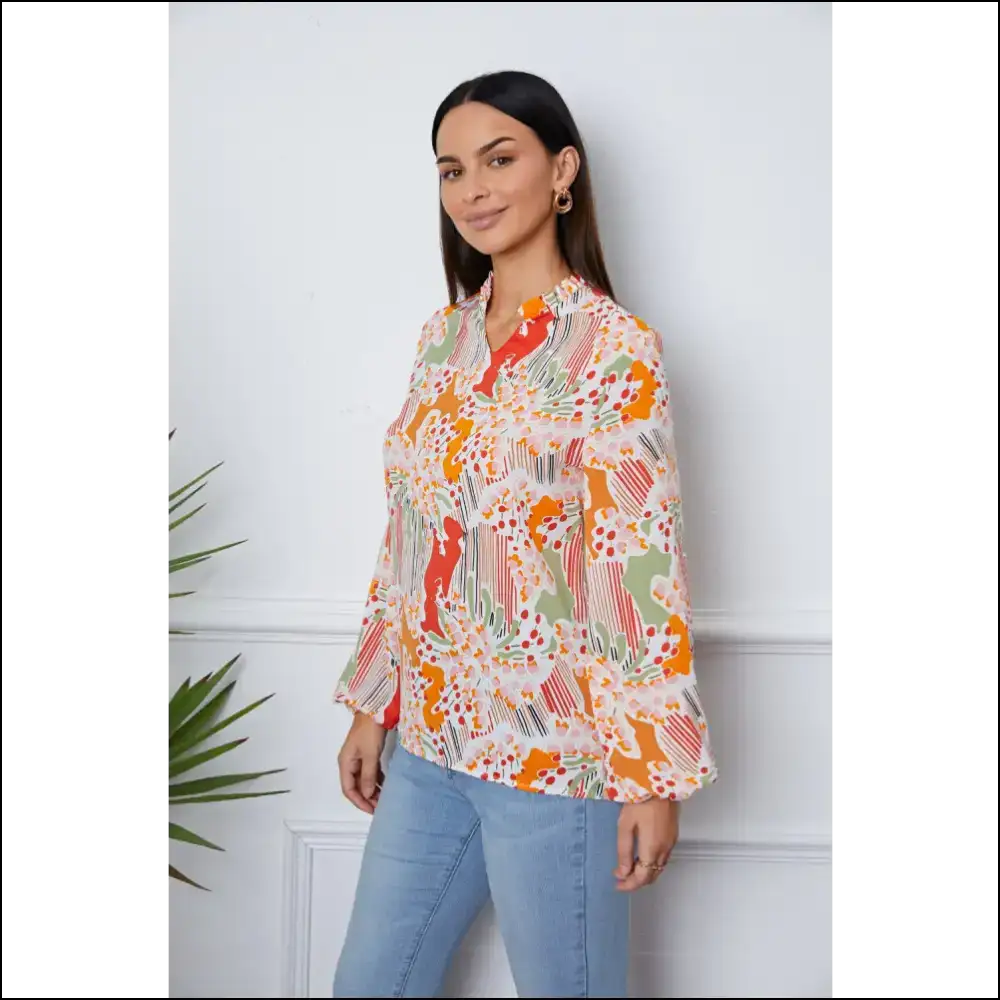 Floral Frill Notched Long Sleeve Blouse - Blouses on Sale Worldwide Shipping