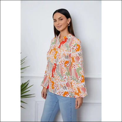 Floral Frill Notched Long Sleeve Blouse - Blouses on Sale Worldwide Shipping