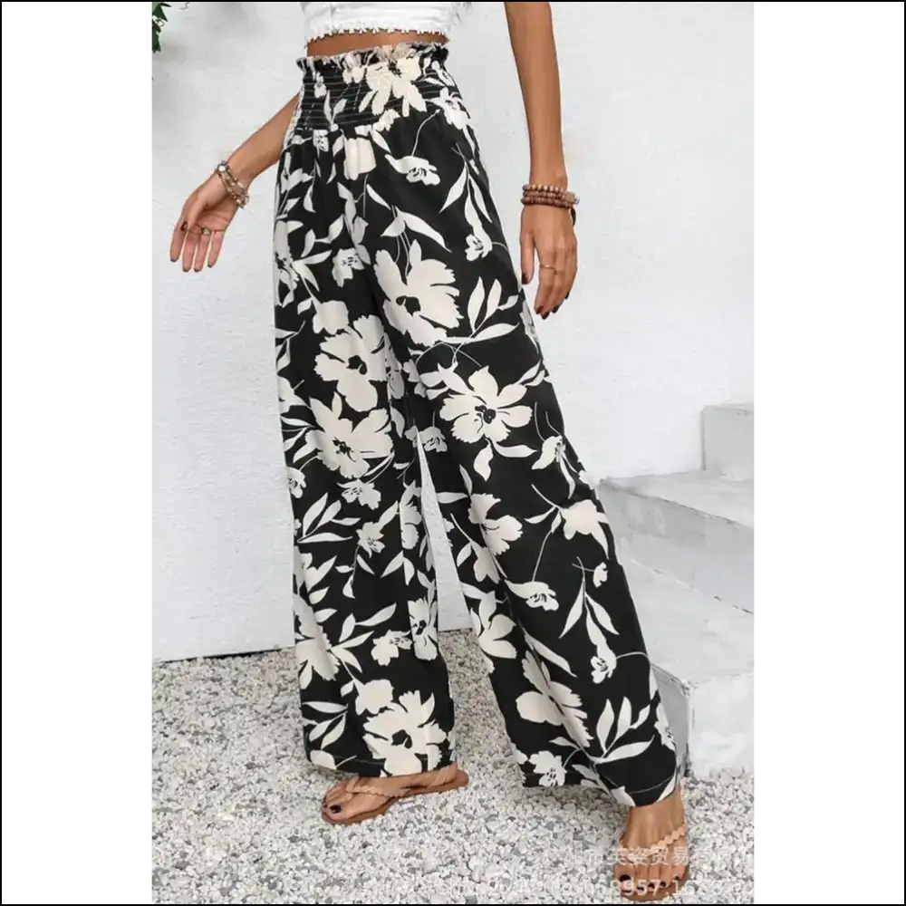 Floral Pants: so Comfy You’ll Forget You’re Wearing Clothes. Smocked Frill Waist Magic! - Black / s - Pants on Sale Worldwide Shipping