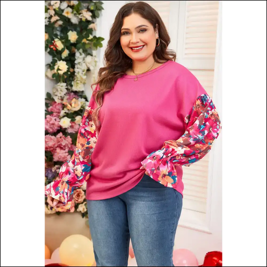 Floral Patchwork Flounce Sleeve: Needful Things Says ?Bloom!’ 🌸 - Bright Pink / 1x - Plus Size Tops on Sale Worldwide Shipping