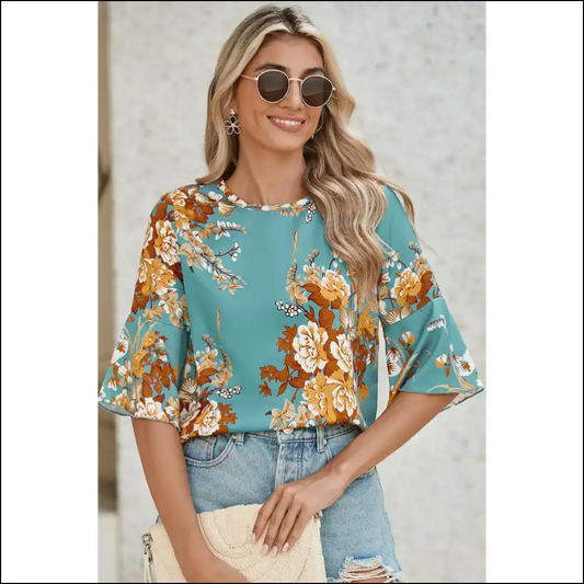 Floral Print Flounce Sleeve: Blouse so Good It’s Almost Illegal 😈 - Mineral Blue / s - Blouses on Sale Worldwide Shipping