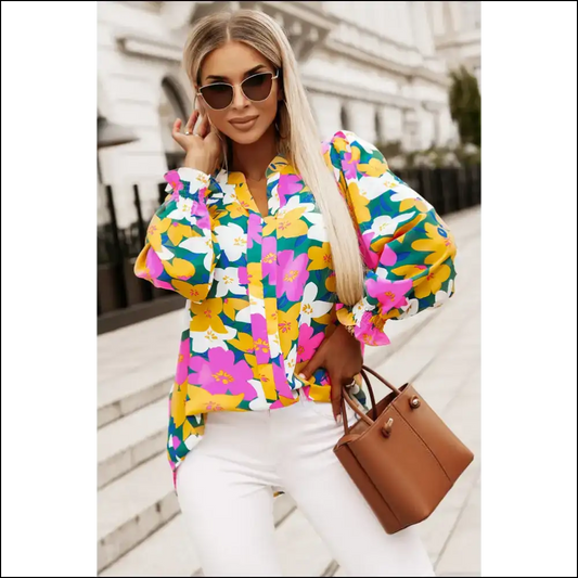Floral Print Notched Neck Lantern Sleeve Blouse - Multicolor / s - Blouses on Sale Worldwide Shipping