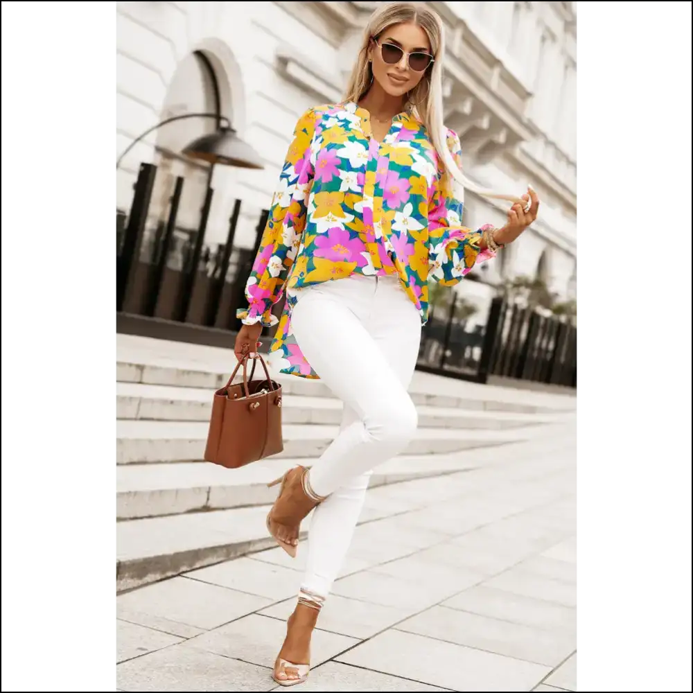 Floral Print Notched Neck Lantern Sleeve Blouse - Blouses on Sale Worldwide Shipping
