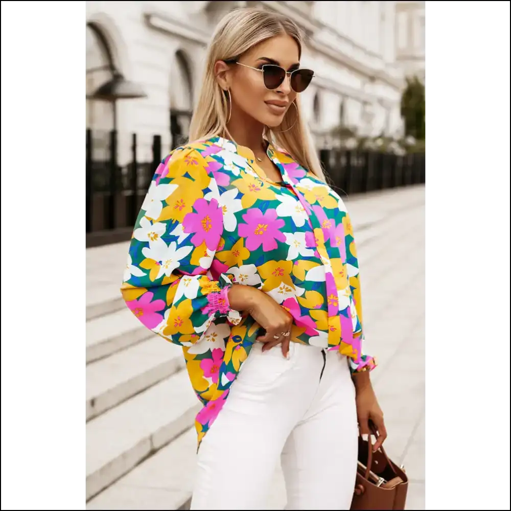 Floral Print Notched Neck Lantern Sleeve Blouse - Blouses on Sale Worldwide Shipping