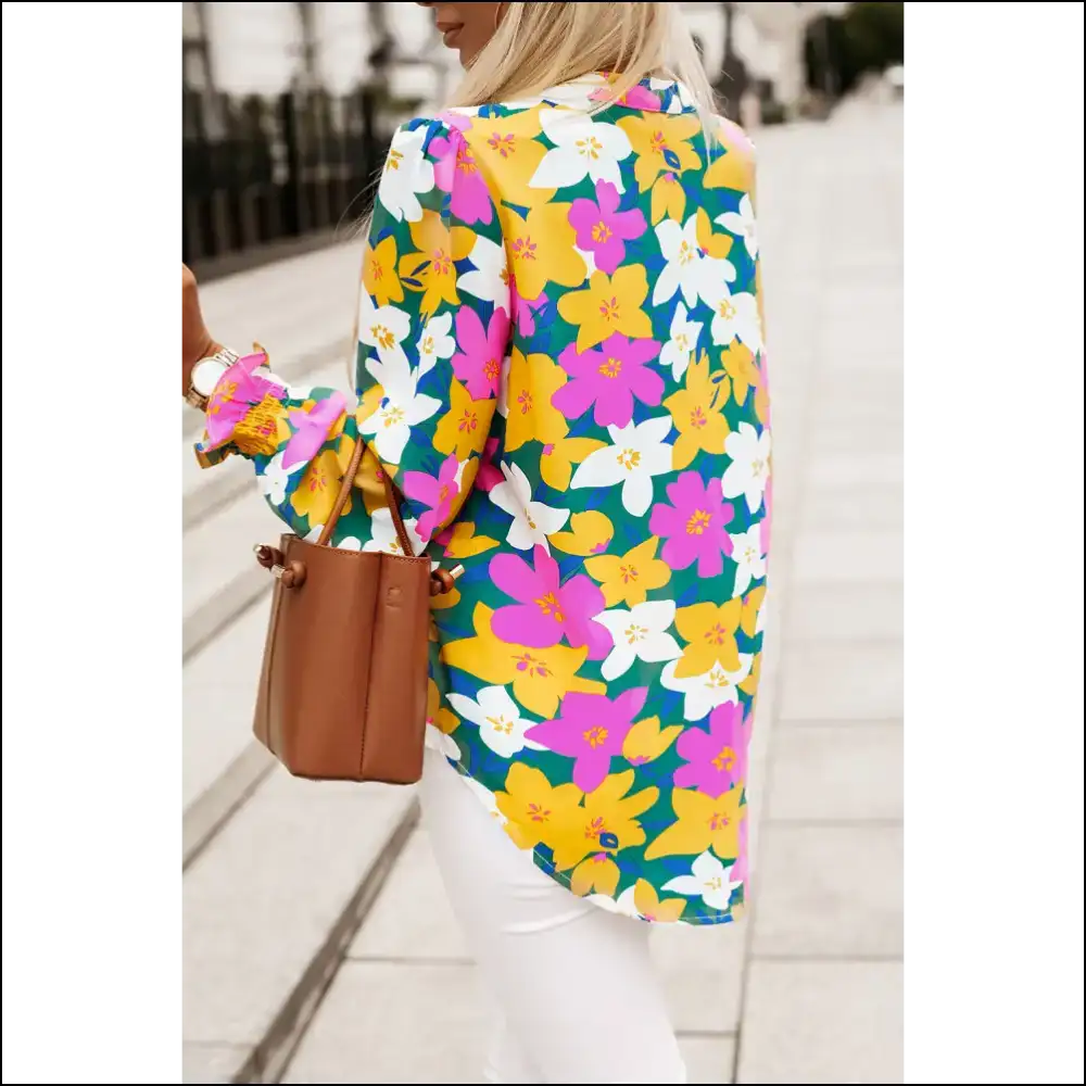 Floral Print Notched Neck Lantern Sleeve Blouse - Blouses on Sale Worldwide Shipping
