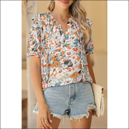 Floral Print Puff Sleeve: Instant Fab just Add you (and Maybe Wine) 🍷 - Multicolor / Xs - Blouses on Sale Worldwide Shipping