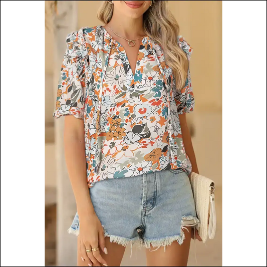 Floral Print Puff Sleeve: Instant Fab just Add you (and Maybe Wine) 🍷 - Multicolor / Xs - Blouses on Sale Worldwide Shipping