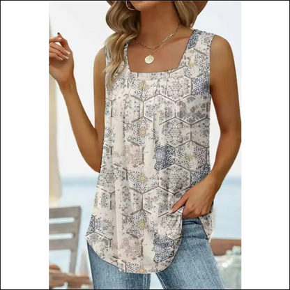 Floral Printed Square Neck Curved Hem Tank - Cream / s - Tops on Sale Worldwide Shipping