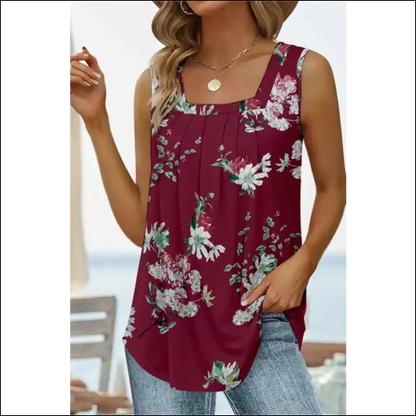 Floral Printed Square Neck Curved Hem Tank - Red / m - Tops on Sale Worldwide Shipping
