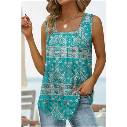 Floral Printed Square Neck Curved Hem Tank - Turquoise / m - Tops on Sale Worldwide Shipping