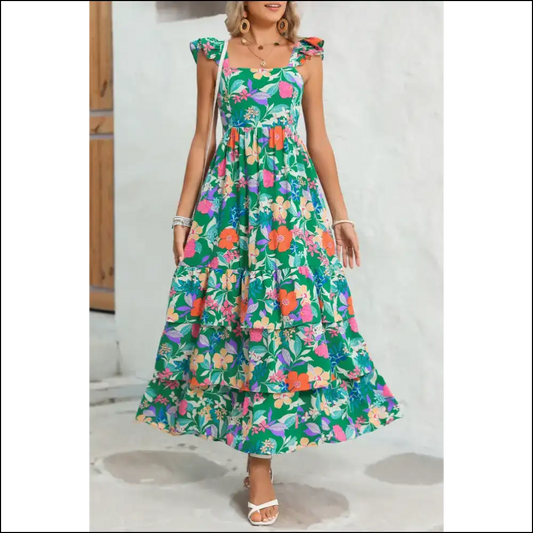 Floral Ruffle Maxi Dress: Piña Colada Perfection 🍹 - Green / s - Dresses on Sale Worldwide Shipping