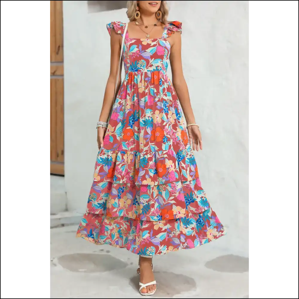 Floral Ruffle Maxi Dress: Piña Colada Perfection 🍹 - Pink / s - Dresses on Sale Worldwide Shipping