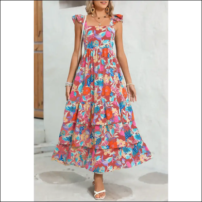 Floral Ruffle Maxi Dress: Piña Colada Perfection 🍹 - Pink / s - Dresses on Sale Worldwide Shipping