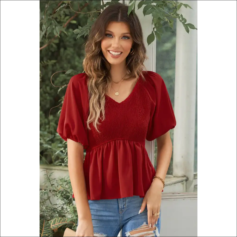 Floral Smocked Balloon Sleeve Peplum Blouse - Red Dahlia / Xl - Blouses on Sale Worldwide Shipping