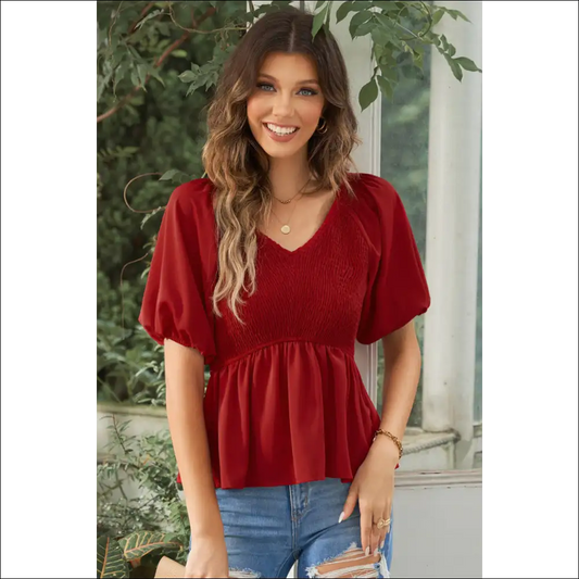Floral Smocked Balloon Sleeve Peplum Blouse - Red Dahlia / Xl - Blouses on Sale Worldwide Shipping