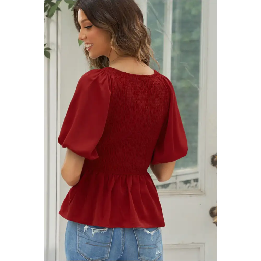 Floral Smocked Balloon Sleeve Peplum Blouse - Blouses on Sale Worldwide Shipping