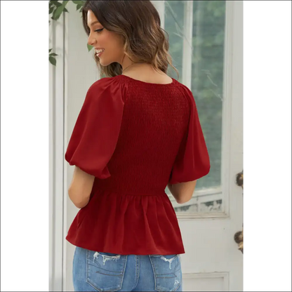 Floral Smocked Balloon Sleeve Peplum Blouse - Blouses on Sale Worldwide Shipping