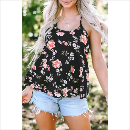 Floral Spaghetti Strap Cami Dress - Black / m - Tank Tops on Sale Worldwide Shipping