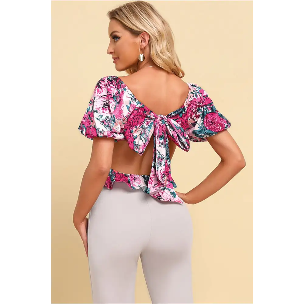 Floral Tie Cropped Peplum Blouse - one Size - Blouses on Sale Worldwide Shipping