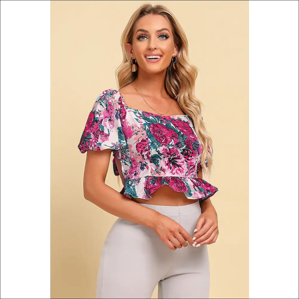 Floral Tie Cropped Peplum Blouse - one Size - Blouses on Sale Worldwide Shipping