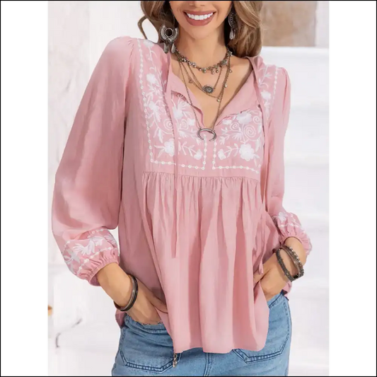Floral Tie Neck Balloon Sleeve Blouse - Blush Pink / s - Blouses on Sale Worldwide Shipping