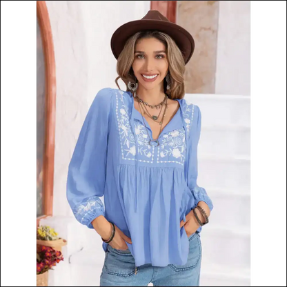 Floral Tie Neck Balloon Sleeve Blouse - French Blue / Xl - Blouses on Sale Worldwide Shipping
