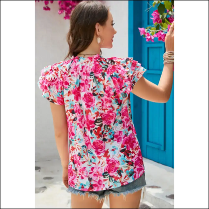Floral Tie Neck Flutter Sleeve Blouse - Blouses on Sale Worldwide Shipping