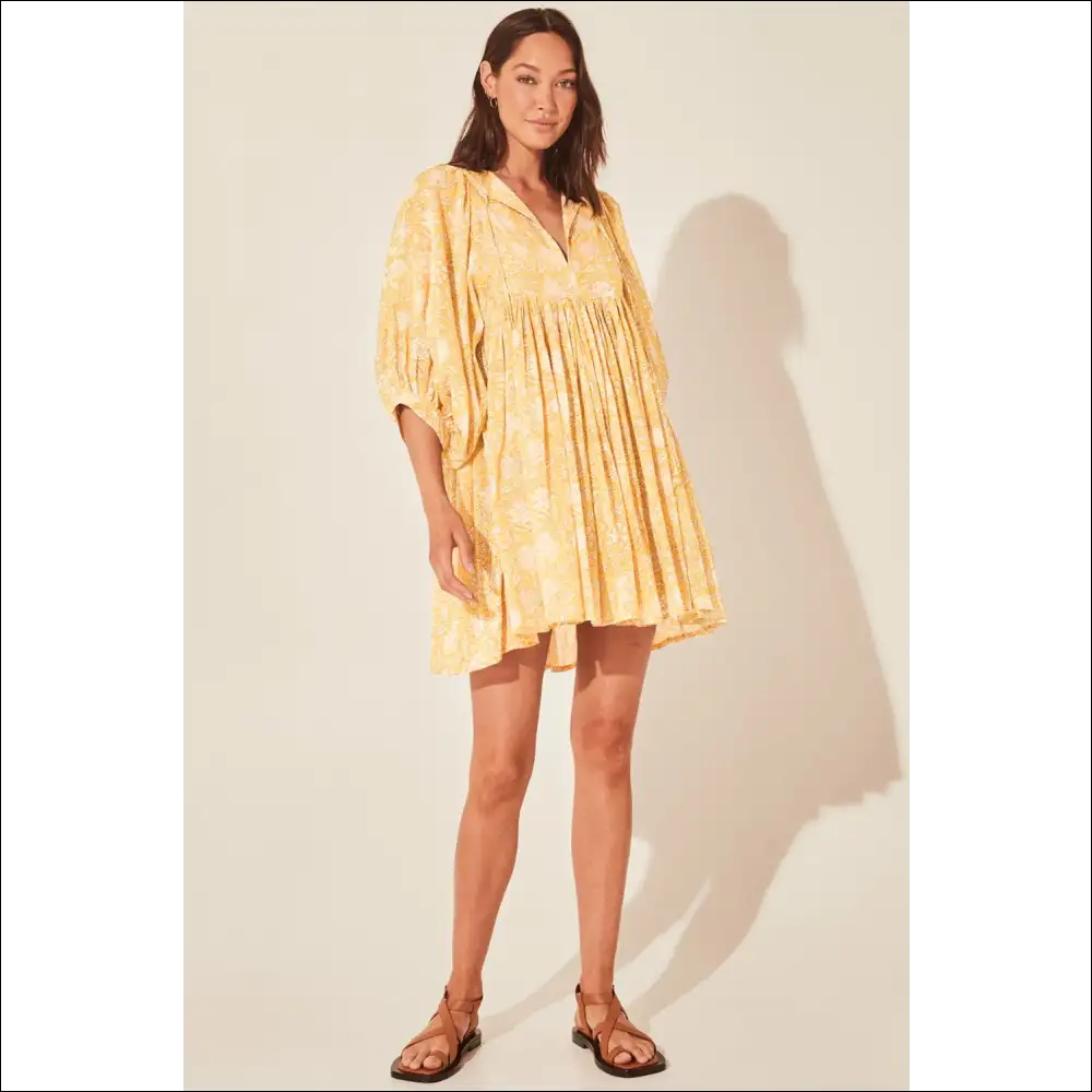 Floral Tie Neck Lantern Sleeve Dress - Chic & Stylish - Gold / m - Dresses on Sale Worldwide Shipping