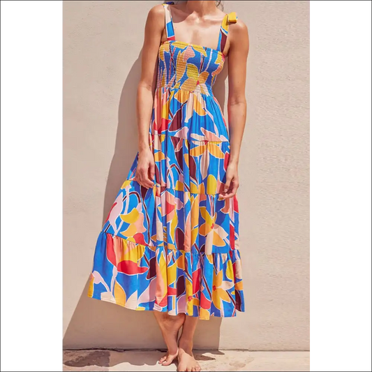 Chic Floral Tie Shoulder Smocked Maxi Dress - Multicolor / l - Dresses on Sale Worldwide Shipping