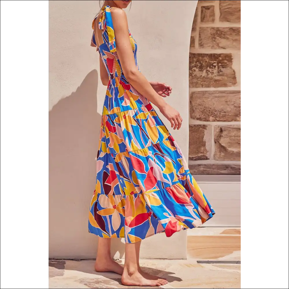 Chic Floral Tie Shoulder Smocked Maxi Dress - Dresses on Sale Worldwide Shipping