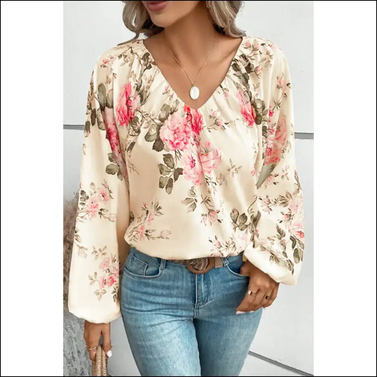Floral V-neck Balloon Sleeve Blouse - Beige / s - Blouses on Sale Worldwide Shipping
