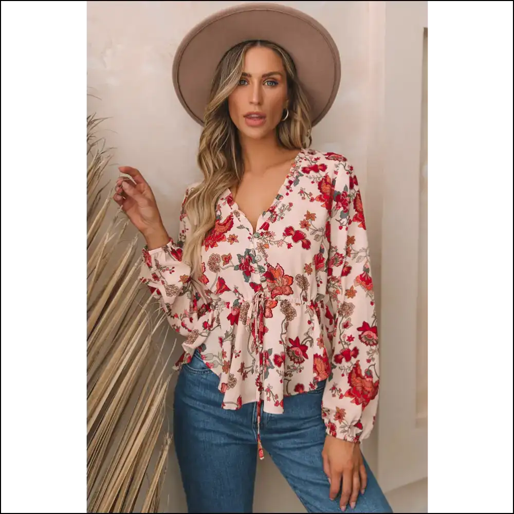 Floral V-neck Peplum Blouse with Drawstring - Multicolor / l - Blouses on Sale Worldwide Shipping