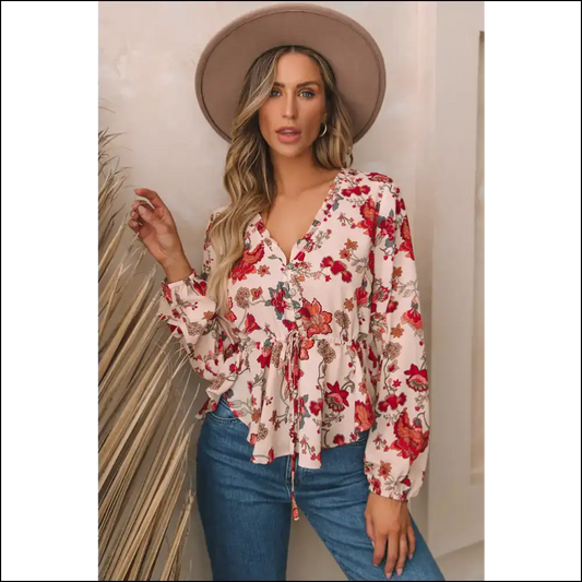 Floral V-neck Peplum Blouse with Drawstring - Multicolor / l - Blouses on Sale Worldwide Shipping