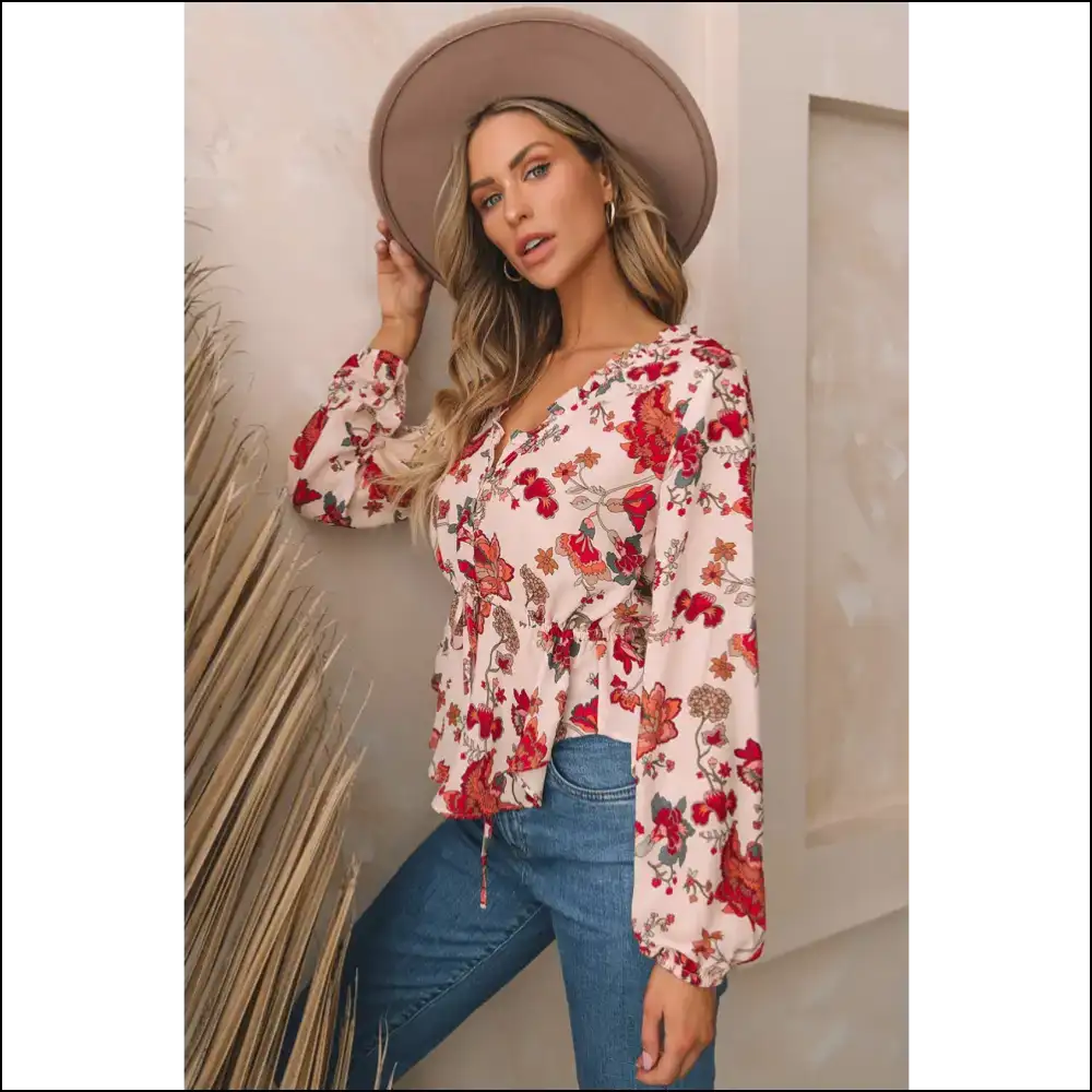 Floral V-neck Peplum Blouse with Drawstring - Blouses on Sale Worldwide Shipping