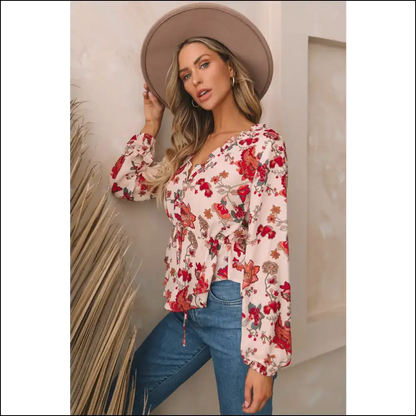 Floral V-neck Peplum Blouse with Drawstring - Blouses on Sale Worldwide Shipping