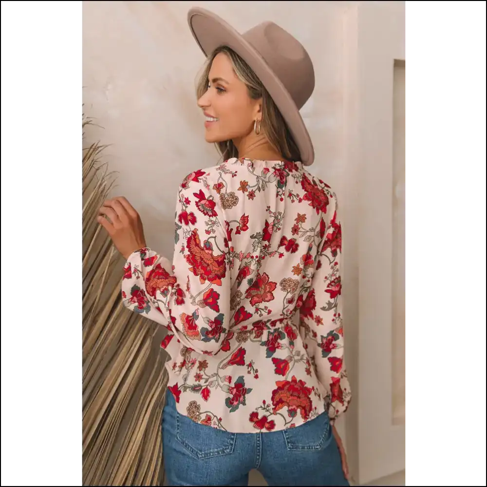 Floral V-neck Peplum Blouse with Drawstring - Blouses on Sale Worldwide Shipping