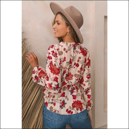 Floral V-neck Peplum Blouse with Drawstring - Blouses on Sale Worldwide Shipping