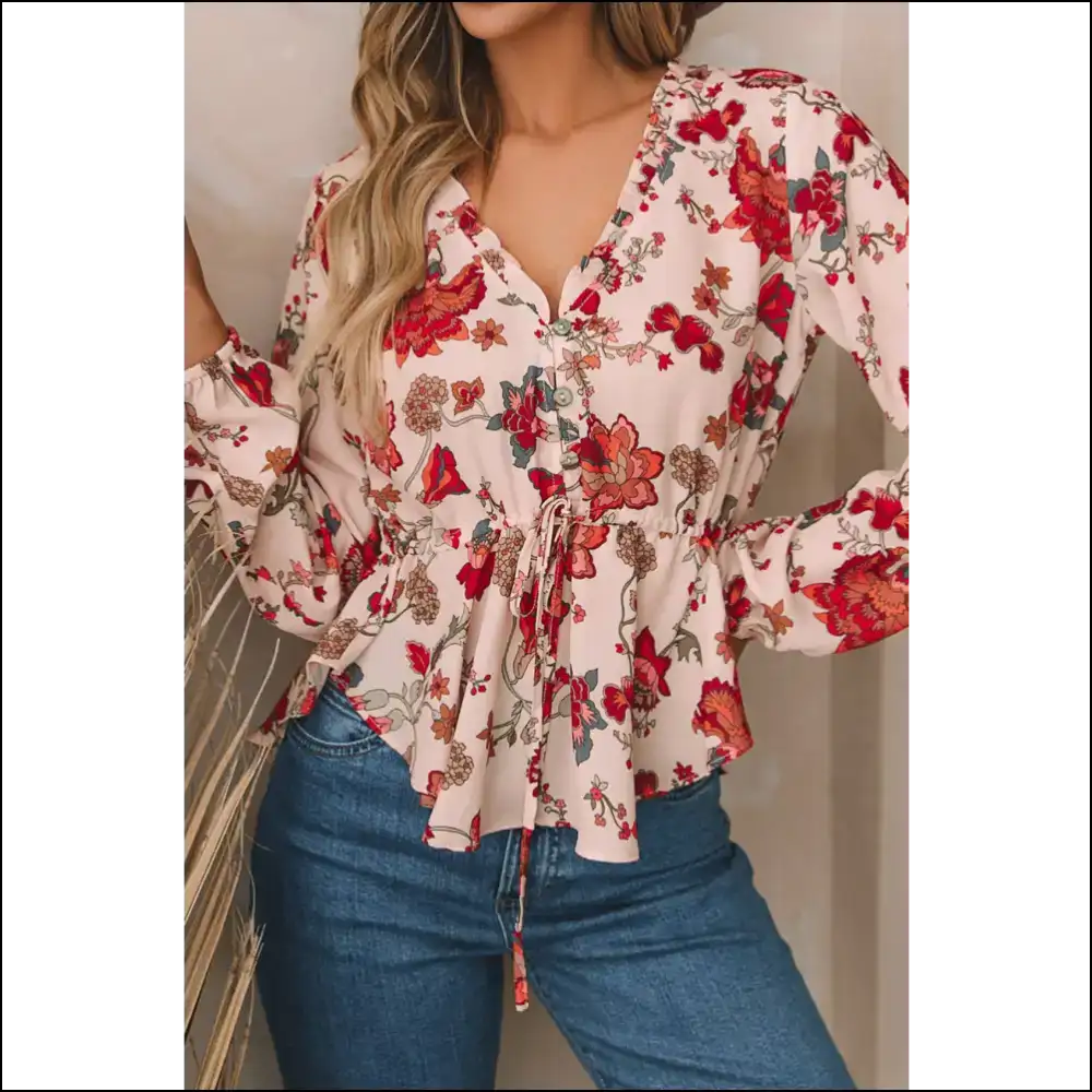 Floral V-neck Peplum Blouse with Drawstring - Blouses on Sale Worldwide Shipping