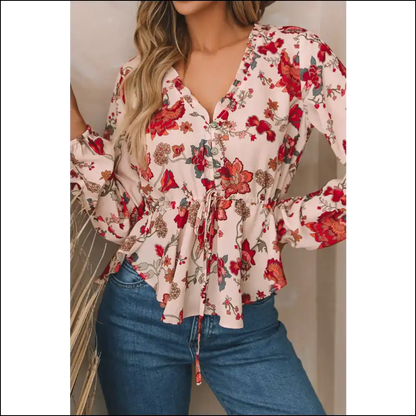 Floral V-neck Peplum Blouse with Drawstring - Blouses on Sale Worldwide Shipping