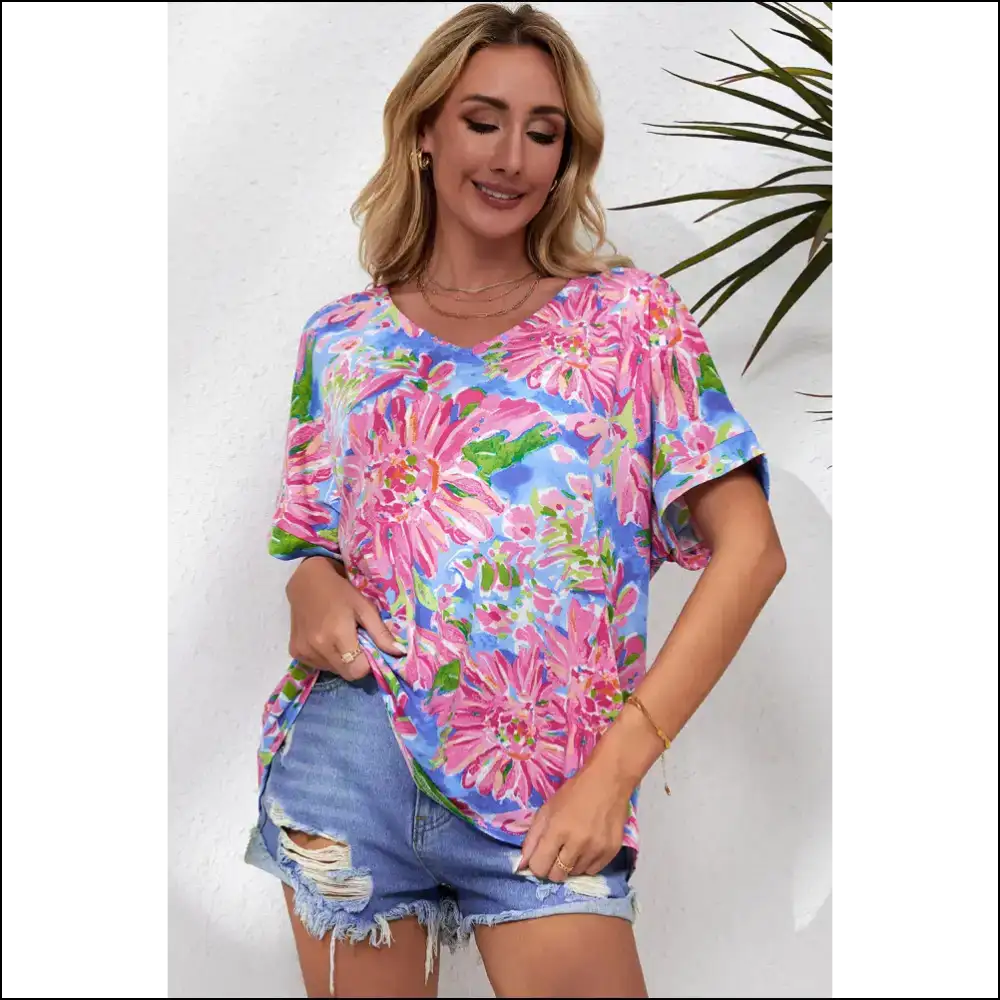 Floral V-neck Short Sleeve Blouse - Blouses on Sale Worldwide Shipping