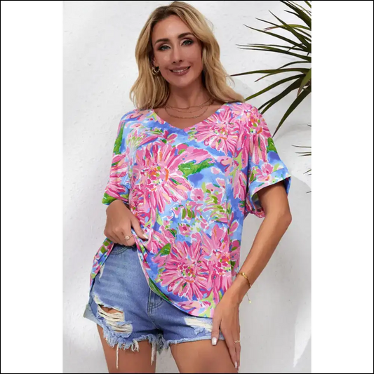Floral V-neck Short Sleeve Blouse - Pink / s - Blouses on Sale Worldwide Shipping
