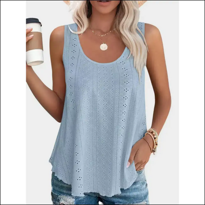 Florira Eyelet Round Neck Tank - Light Blue / s - Tops on Sale Worldwide Shipping