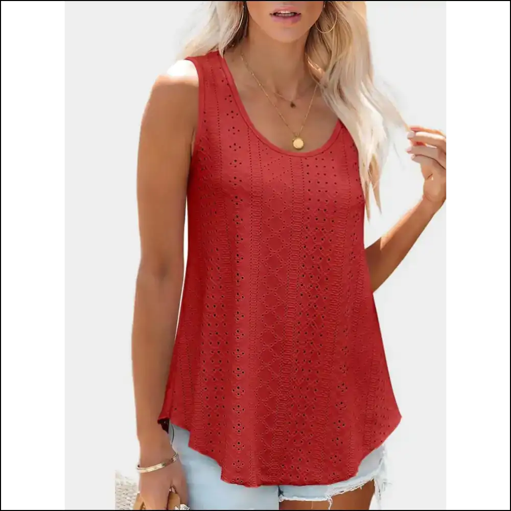 Florira Eyelet Round Neck Tank - Red / Xl - Tops on Sale Worldwide Shipping